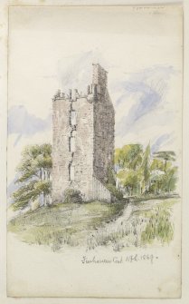Perspective view of Finavon Castle inscribed 'Finhaven Cast, WFL, 1869'.