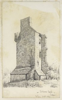 Drawing of Finavon Castle inscribed 'Finhaven Castle, Forfar, W Lyon, Sept 1869'.