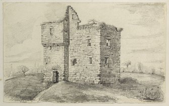 Drawing of Newbyres Castle inscribed 'W Lyon'.