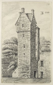Drawing of Fintry Castle inscribed 'Fintry Castle, Forfar, 1870 W Lyon'.