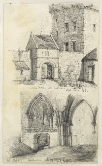 Drawing of Hills Tower and Lincluden College inscribed 'Hills Tower, Loch Rutton, Sept 1869 WL and Lincluden Abbey, WL 1869'.