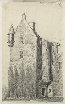 Drawing of Pitcullo Castle inscribed 'Pitcullo Tower, Fife, W Lyon'.