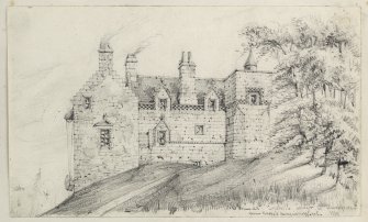 Drawing of Cowhill Tower inscribed 'Old Cowhill Tower, Dumfries from Grose's Antiquities of Scotland 1869'.