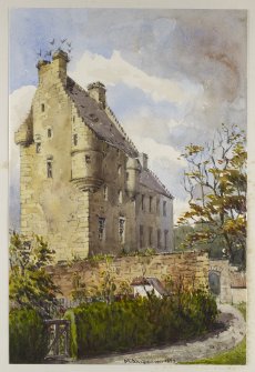 Perspective view of Midhope Castle inscribed 'Midhope, WL 1889'.