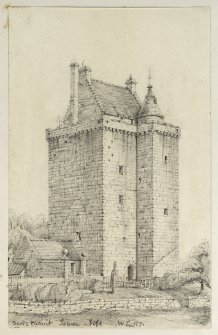 Drawing of Scotstarvit Tower inscribed 'Scotstarvit Tower, Fife, W Lyon 87'.