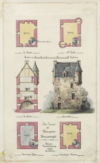 Perspective view, section and plans of Fourmerkland Tower inscribed in album as 'Fourmerkland Tower, Kirkcudbright 1869'.