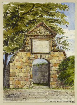 Perspective view of Lindsay of Wormiston Memorial inscribed 'The Lindsay Vault, Crail, WL 92'.