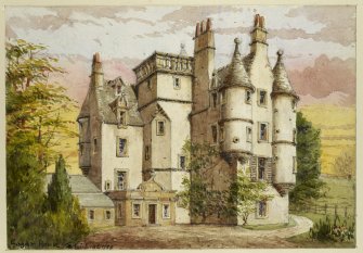 Perspective view of Castle Gogar, Glasgow Road, Edinburgh inscribed 'Gogar House, Edinb, WL 1888'.