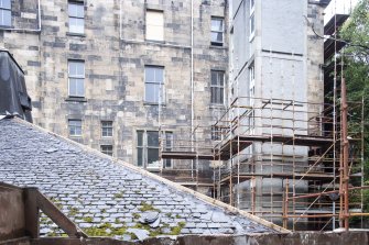 View from south showing dining room extension with stair-tower outshot at Nos 17, 18 and 19 Belhaven Terrace West, Glasgow.