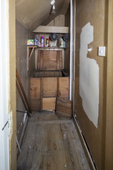 Interior view showing small coal cupboard on second floor, Brechin Castle.