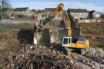 Demolition watching brief, Demolition of the N end of the building taken from the aerial platform, Pathbrae Maltings Building, Kirkliston