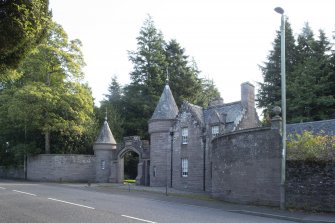 General view from north-west showing entrance at Brechin Castle Lodge and Gates, 25 Castle Street, Brechin.