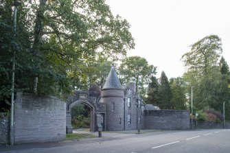 General view from north-east showing entrance at Brechin Castle Lodge and Gates, 25 Castle Street, Brechin.