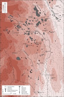Upper Annandale landscape case-study area: map showing the monuments of the prehistoric and Roman landscape against the extent of forestry and modern cultivated land. Published in Eastern Dumfriesshire: an archaeological landscape.