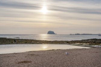 General view of the Bass Rock taken from North Berwick beach.