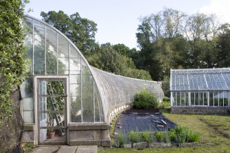 View from west showing garden buildings and glasshouses, Brechin Castle.