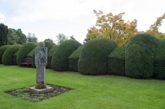 View of sundial and hedges in Walled Garden, Brechin Castle. 