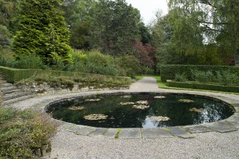View from east showing pond in Walled Garden, Brechin Castle. 