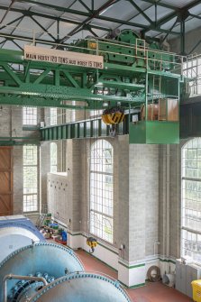 Interior.  Turbine Hall. View of crane. 