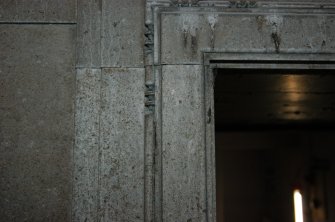 Standing building survey, Link Bridge, S-facing elevation, door surround with ornate moulding, 85-87 South Bridge, Edinburgh