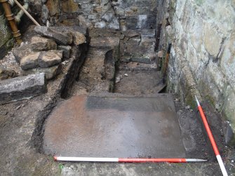 Watching brief, Gravestone (003) in situ as a step, 401-2 Strathbrock Parish Church, Uphall