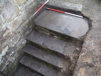 Watching brief, Gravestone (003) in situ as a step, 401-2 Strathbrock Parish Church, Uphall