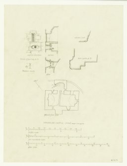 Ground Floor Plan. Details of Gun-loop at A. Details of Moulding Profiles.
Scale 1/8" 1/2" and 1/2 FS
RCAHMS 1984