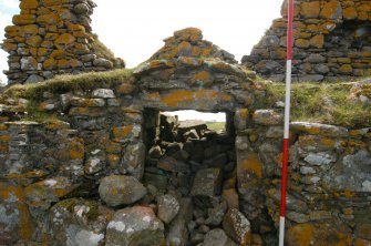 Historic building survey, McVicar interior N-facing elevation, passage opening, Teampull na Trionaid, Cairinis, North Uist, Western Isles