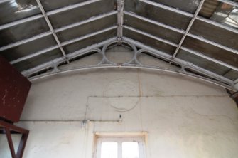 Historic building survey, Conservatory interior, utility room gable wall with a circular scar and roof truss, Conservatory and garage, Thirlstane Castle, Lauder, Scottish Borders