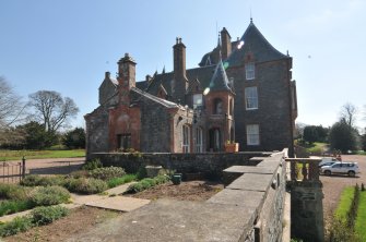 Historic building survey, Panoramic view of the conservatory with the remains of the demolished conservatory in the foreground, Conservatory and garage, Thirlstane Castle, Lauder, Scottish Borders