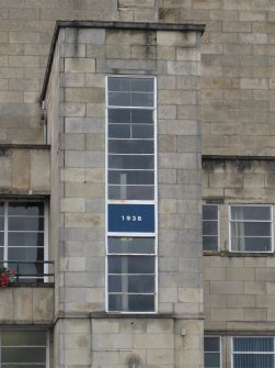 Detail of '1938' date plaque on Rothesay Pavilion, Argyle Street, Rothesay, Bute.