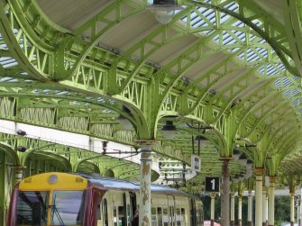 Detail of ironwork above platforms 1 and 2 at Wemyss Bay Railway Station and Pier.