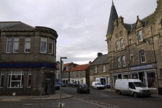 View from north-east showing Royal Banks of Scotland, No 13 Hope Street, and Nos 25-43 North Street, Bo'ness.
