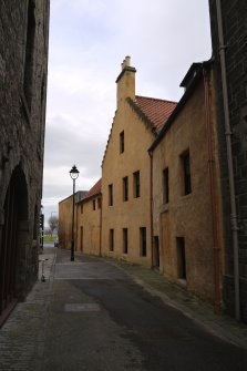 View from south-west showing Scotland's Close elevation of Warehouse (Dymock's Buildings), 45-51 North Street, Bo'ness.