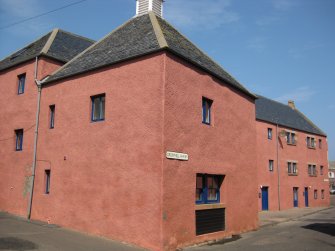 View from south-east showing former Horseburgh's Warehouse (Cromwell Haven), Lamer Street, Dunbar.