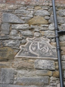 Detail of datestone, inscribed 'IM 1636 R(?)B', on west elevation of 21 Queen Anne Street, Dunfermline.