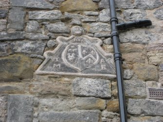 Detail of datestone, inscribed 'IM 1636 R(?)B', on west elevation of 21 Queen Anne Street, Dunfermline.