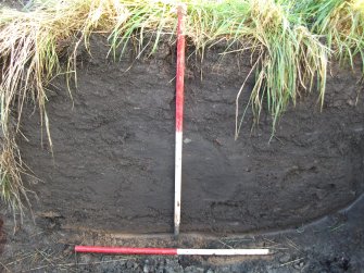 Archaeological evaluation, Trench 4 W facing section showing topsoil depth, Site 9, Borders Railway Project