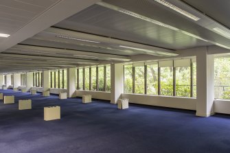 Interior view showing open plan office space on first floor of No 105 Dundas Street, Edinburgh.