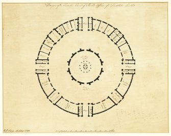 Plan of stables, Findlater Castle inscribed 'Robert Adam Architect, 1789, Design of a Circular Court of Stable Offices for Findlater Castle'.