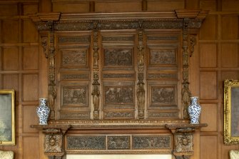 Detail view of fireplace in first-floor Gallery, Brechin Castle.