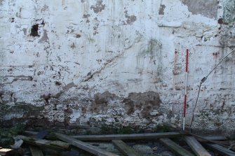 Standing building survey, Barn D, Interior, Detail of scar of stair on SW wall, Boghead Farm, Ethie