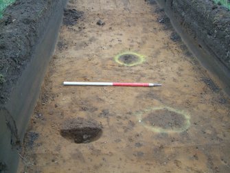 Archaeological evaluation, Trench 3, Postholes [308], [310] and [312] from S, East Beechwood Farm, Highland