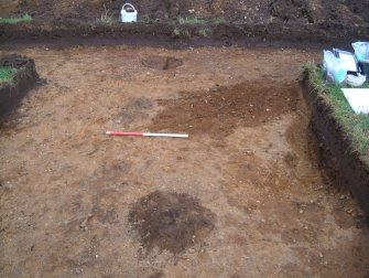 Archaeological evaluation, Trench 1, Shot of post-holes [117]-[119], East Beechwood Farm, Highland