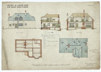 Back Elevation, Sections BB and CC and foundation and roof plans for cottage at Lawside Road.

Drawing No.2

Insc. 'Dundee, 21st May 1909. Approved of on behalf of the Superior. Lt. F Salmond'

