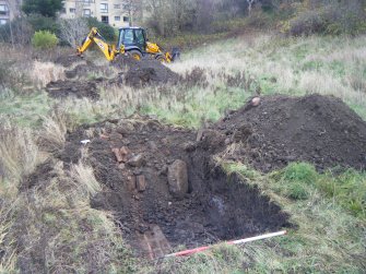 Evaluation Photograph, Trench 1. Post-excavation, east-facing section, facing W, Harvester's Way, Wester Hailes