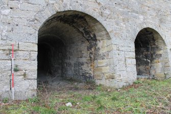 Historic building recording, Detail of entrance to Kiln 6 and 7, S elevation, E bank, Limekilns, Harbour Road, Charlestown
