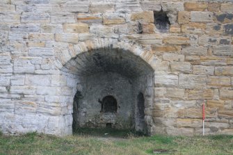 Historic building recording, Detail of drawhole for Kiln 11, S elevation, E bank, Limekilns, Harbour Road, Charlestown