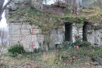 Historic building recording, General view of central entrance through to rear corridor providing access to Kilns 1-10, E elevation, E bank, Limekilns, Harbour Road, Charlestown