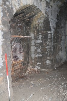 Historic building survey, Detail of drawhole 11c in the N wall of kiln, Limekilns, Harbour Road, Charlestown